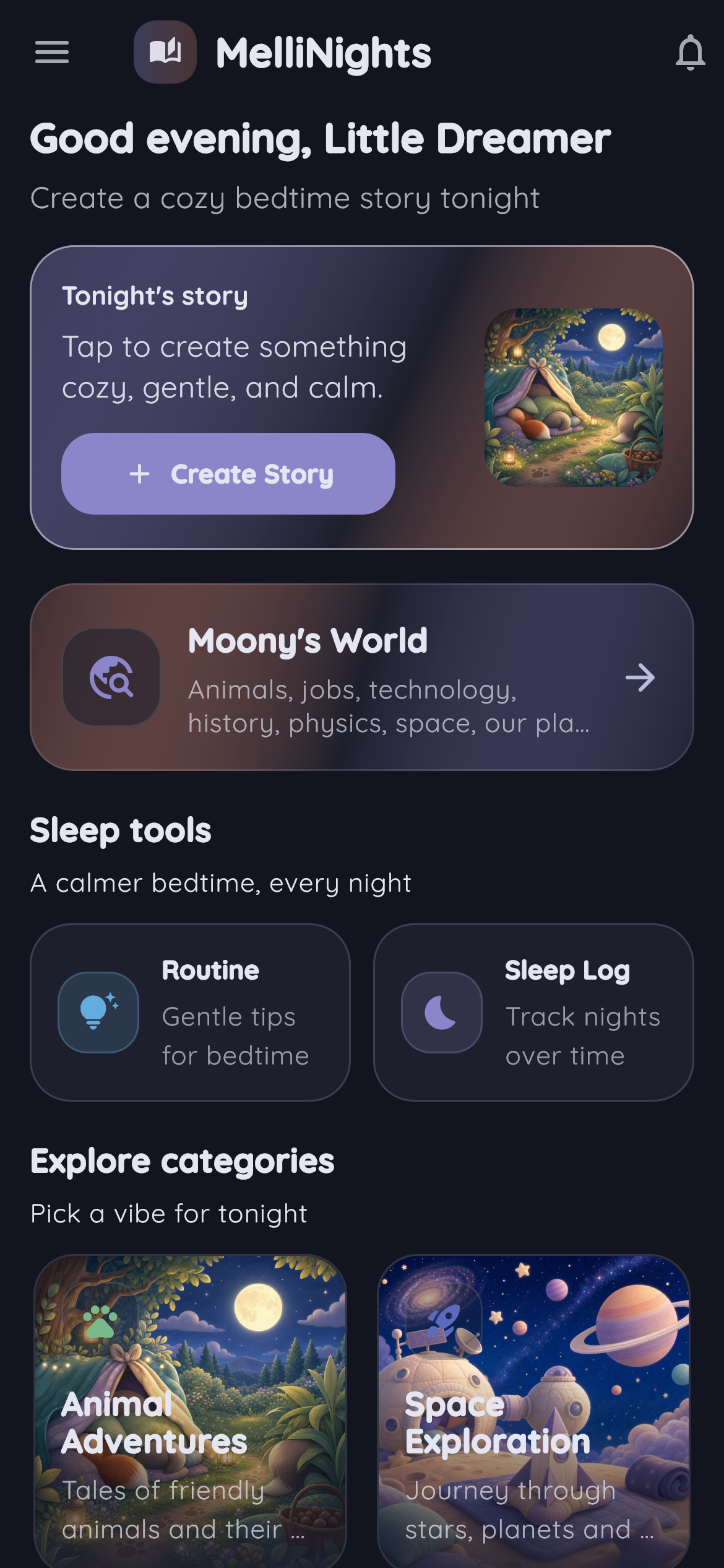 Actual MelliNights home screen with the built-in Little Dreamer greeting, story choices, sleep tools and categories
